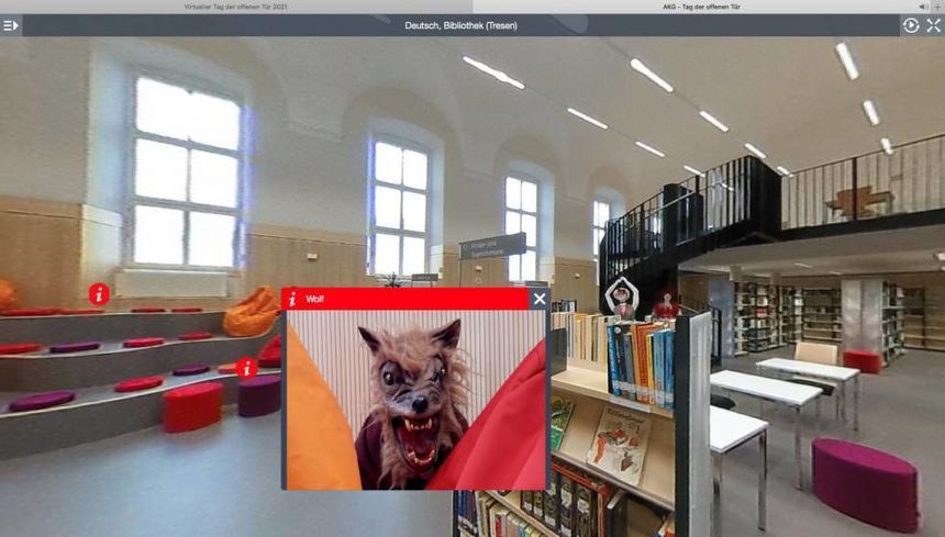 Ein Screenshot des digitalen AKG-Rundgangs aus der Bibliothek. Hier kann man an einem Märchenquiz teilnehmen.